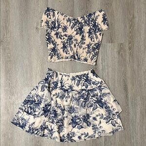 Blue Floral Two-Piece Off-Shoulder Dress Set